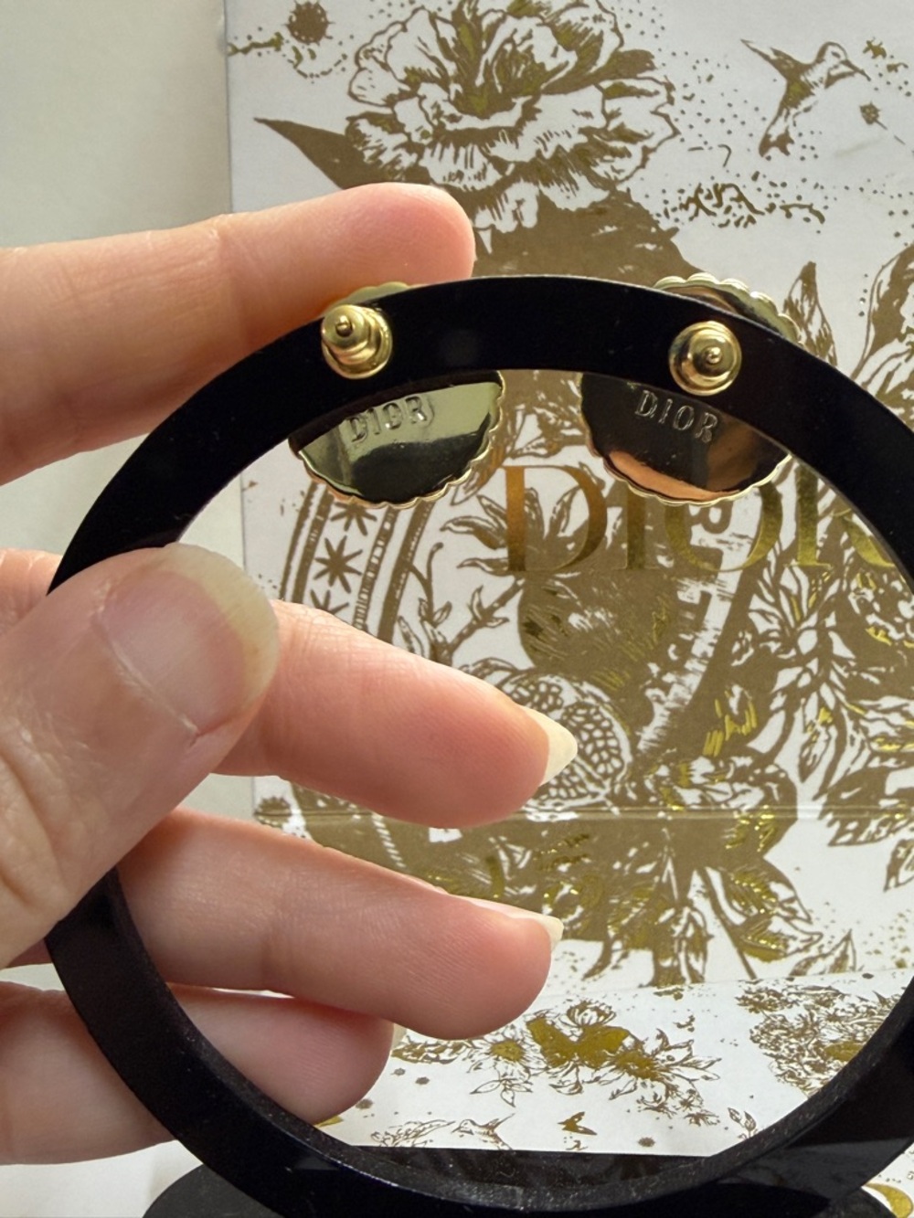 Dior Black and Gold Pearl-Trim Button Earrings - Picture 4 of 5